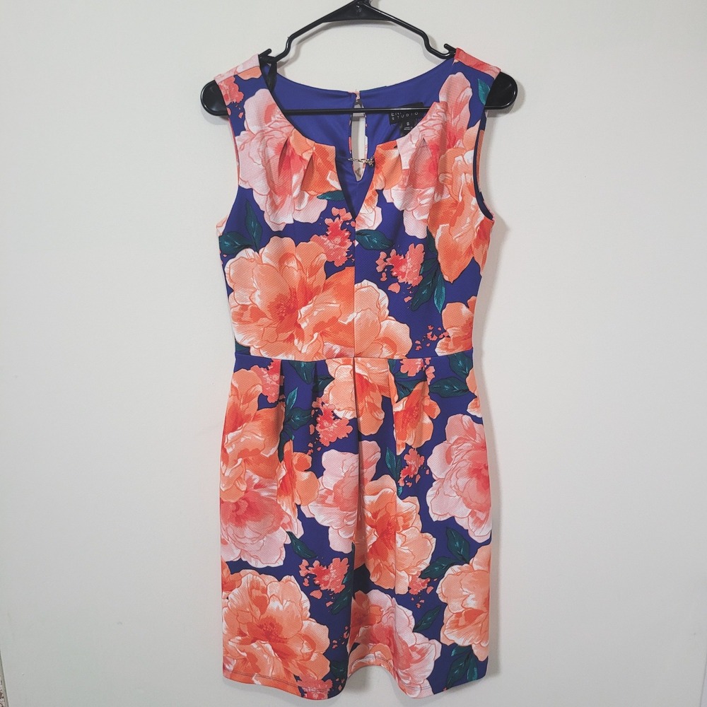 Enfocus Studio Size 8 Floral Sleeveless Fit & Flare Dress Womens Blue Orange